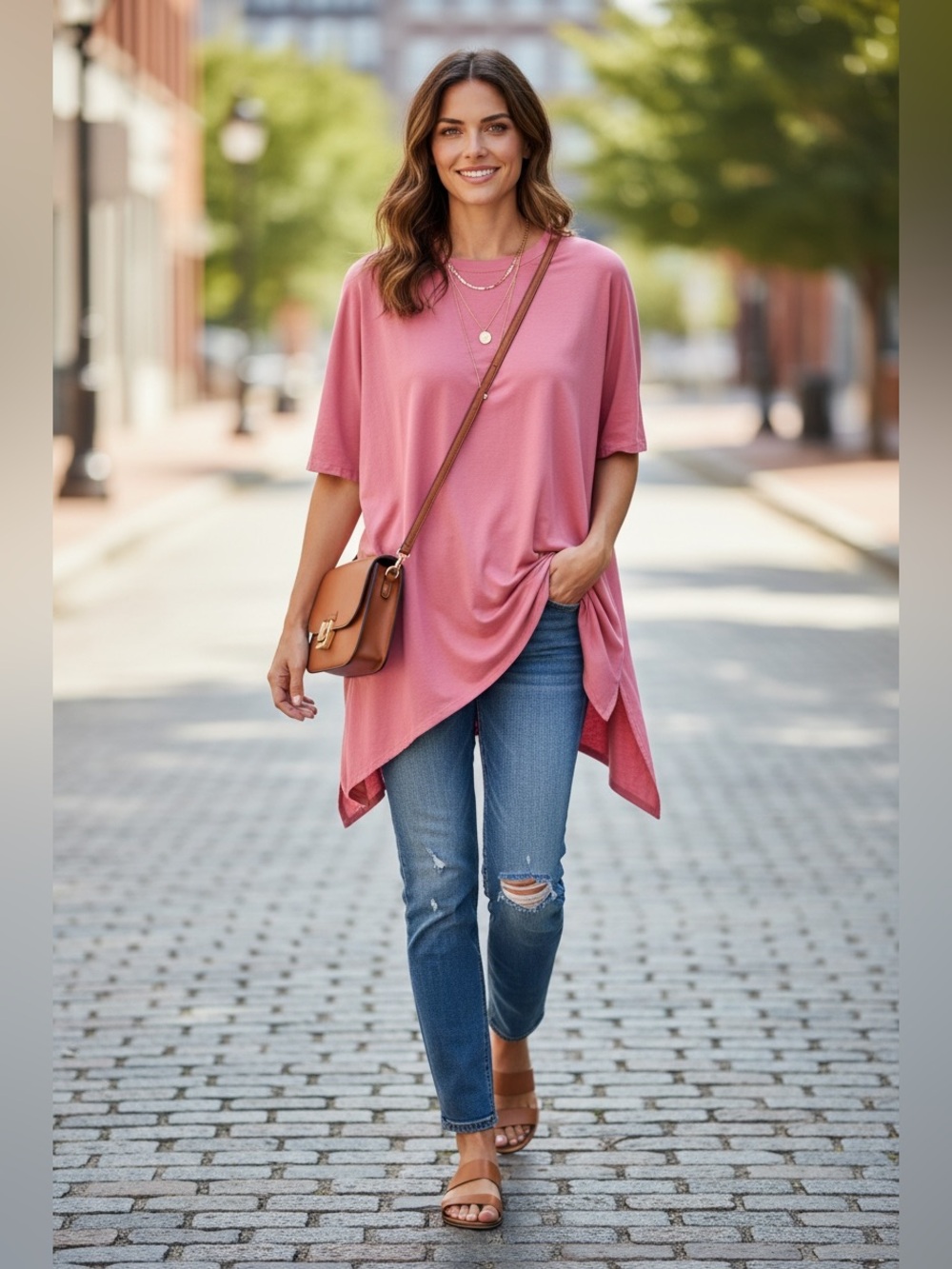 Giocam Pink Oversized Cotton Tunic Top Medium Asymmetrical Sharkbite Hem